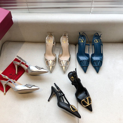 VLOGO SIGNATURE NAVY BLUE CALFSKIN HIGH SLINGBACK PUMP 7 CM