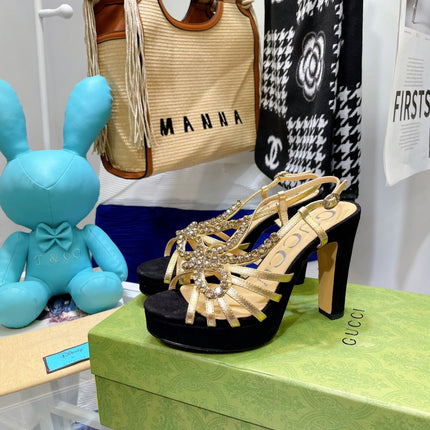 GG CRYSTAL HIGH HEEL SANDAL BLACK LAMBSKIN