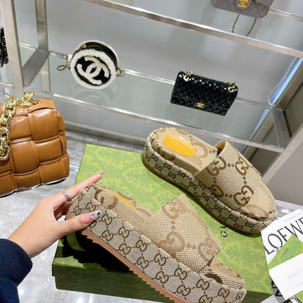 LV MONOGRAM THICK PLATFORM SANDALS IN BEIGE CANVAS