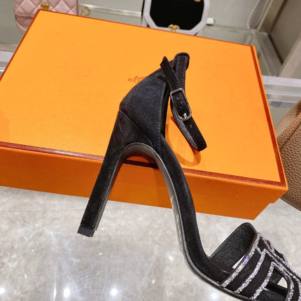 PREMIERE 105 SANDAL IN BLACK SUEDE WITH RHINSTONES