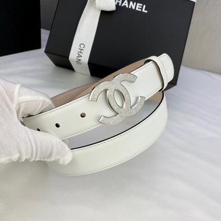 DOUBLE C BELT 30MM IN WHITE CALFSKIN METAL BUCKLE