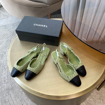 SLINGBACKS IN LIGHT GREEN FABRIC AND BLACK CALFSKIN