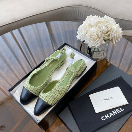 SLINGBACKS IN LIGHT GREEN FABRIC AND BLACK CALFSKIN