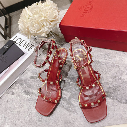 HIGH HEEL 6 CM SANDAL IN RUBY RED LAMBSKIN WITH STUDS