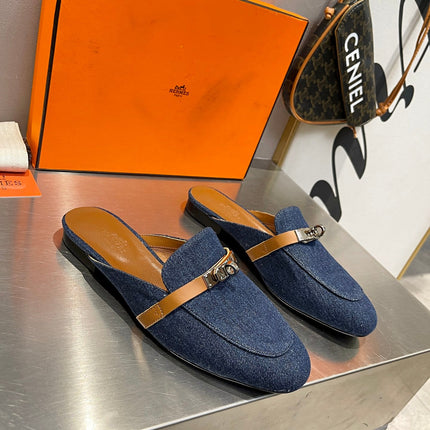 0Z MULE TAWNY AND DENIM CALFSKIN