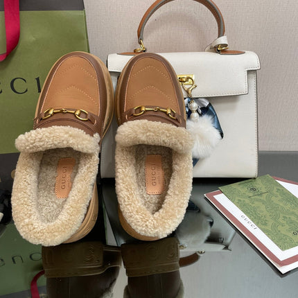 GG LOAFER IN PEANUT BROWN AND CHOCOLATE BROWN CALFSKIN WITH BEIGE WOOL LINING