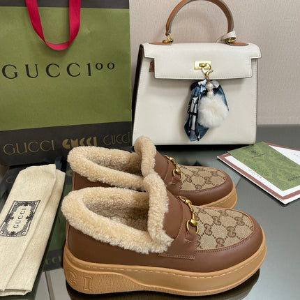 GG LOAFER IN PEANUT BROWN JACQUARD AND CHOCOLATE BROWN CALFSKIN WITH BEIGE WOOL LINING