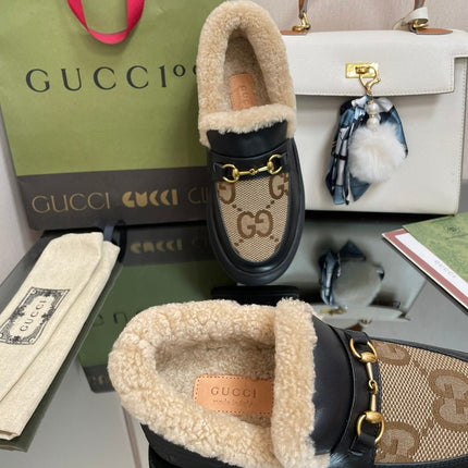 GG LOAFER IN PEANUT BROWN JACQUARD AND BLACK CALFSKIN WITH BEIGE WOOL LINING