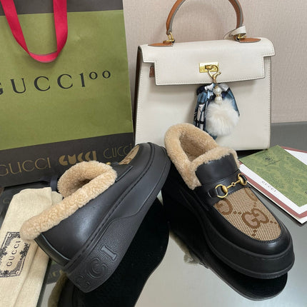 GG LOAFER IN PEANUT BROWN JACQUARD AND BLACK CALFSKIN WITH BEIGE WOOL LINING