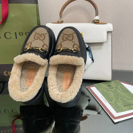 GG LOAFER IN PEANUT BROWN JACQUARD AND BLACK CALFSKIN WITH BEIGE WOOL LINING