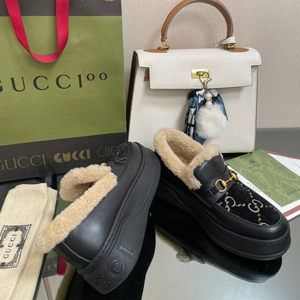 GG LOAFER IN BLACK JACQUARD AND CALFSKIN WITH BEIGE WOOL LINING