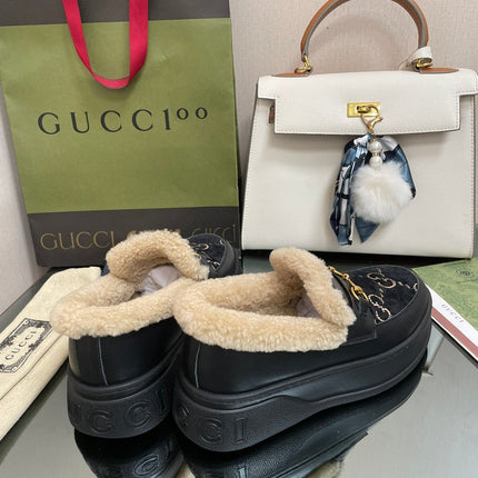 GG LOAFER IN BLACK JACQUARD AND CALFSKIN WITH BEIGE WOOL LINING
