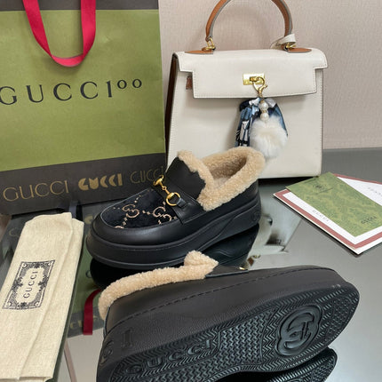 GG LOAFER IN BLACK JACQUARD AND CALFSKIN WITH BEIGE WOOL LINING