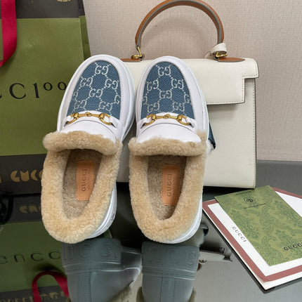GG LOAFER IN BLUE JACQUARD MIX WHITE CALFSKIN WITH BEIGE WOOL LINING