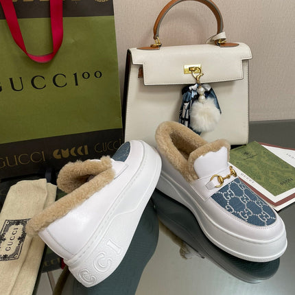 GG LOAFER IN BLUE JACQUARD MIX WHITE CALFSKIN WITH BEIGE WOOL LINING