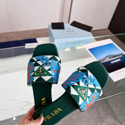 PRA EMBROIDERED SLIDES FLAT CASTLETON GREEN FABRIC