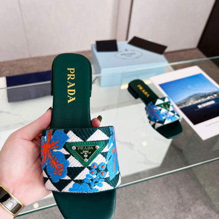 PRA EMBROIDERED SLIDES FLAT CASTLETON GREEN FABRIC