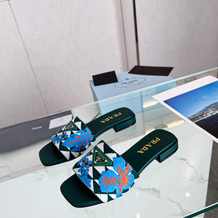 PRA EMBROIDERED SLIDES FLAT CASTLETON GREEN FABRIC