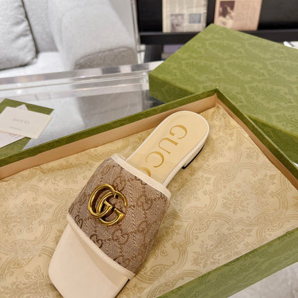 GG EXCLUSIVE SLIDE SANDAL IVORY AND BROWN FABRIC