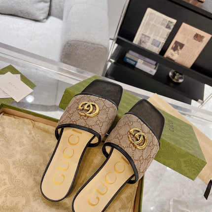 GG EXCLUSIVE SLIDE SANDAL BLACK AND BROWN FABRIC