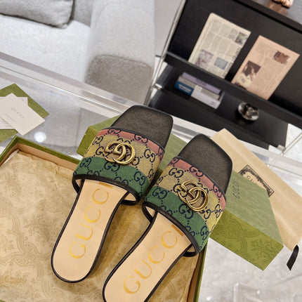 GG EXCLUSIVE SLIDE SANDAL BLACK AND CREAM FABRIC