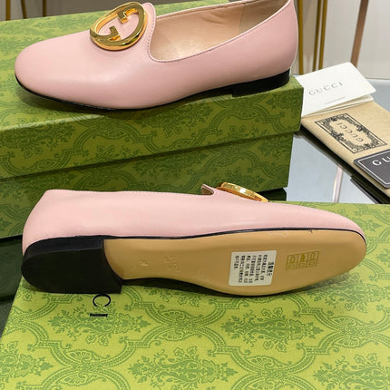 BLONDIE LOGO-PLAQUE LOAFERS IN LIGHT PINK CALFSKIN WITH GOLD HARDWARE