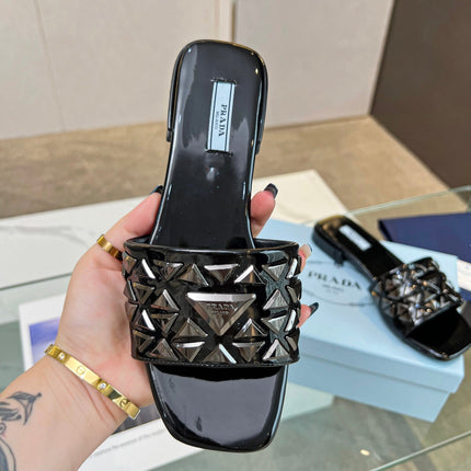 PRA EMBROIDERED SLIDES FLAT BLACK CALFSKIN