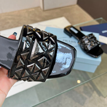 PRA EMBROIDERED SLIDES FLAT BLACK CALFSKIN