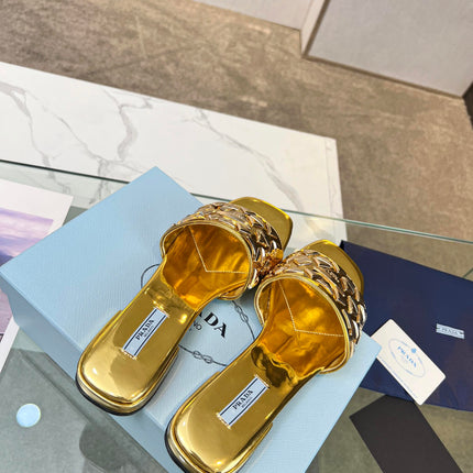 PRA EMBROIDERED SLIDES FLAT METALLIC GOLD CALFSKIN