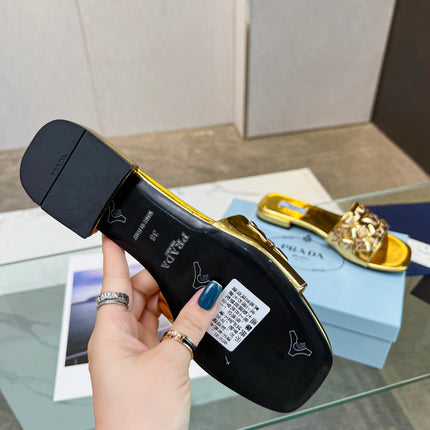 PRA EMBROIDERED SLIDES FLAT METALLIC GOLD CALFSKIN