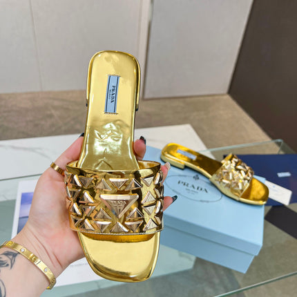 PRA EMBROIDERED SLIDES FLAT METALLIC GOLD CALFSKIN