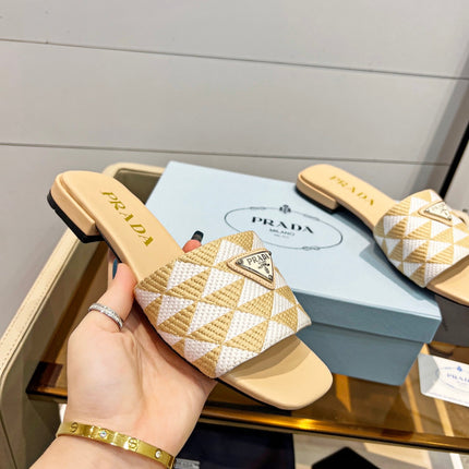 PRA EMBROIDERED SLIDES FLAT BEIGE FABRIC