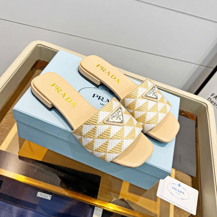 PRA EMBROIDERED SLIDES FLAT BEIGE FABRIC