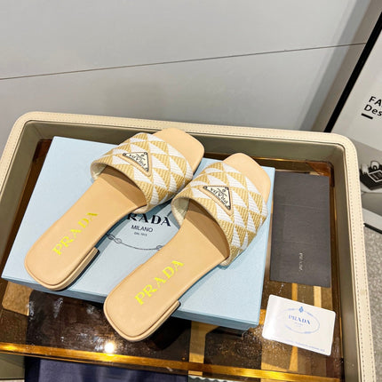 PRA EMBROIDERED SLIDES FLAT BEIGE FABRIC