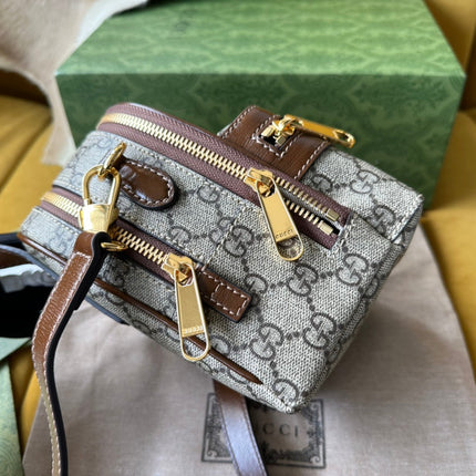 GG MULTI-FUNCTION MINI 19 BACKPACK IN BEIGE AND BROWN CANVAS