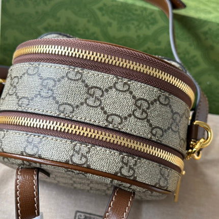 GG MULTI-FUNCTION MINI 19 BACKPACK IN BEIGE AND BROWN CANVAS