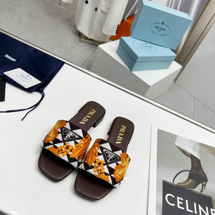 PRA EMBROIDERED SLIDES FLAT CHOCOLATE FABRIC