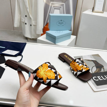 PRA EMBROIDERED SLIDES FLAT CHOCOLATE FABRIC