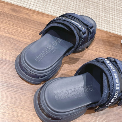 DIOR PLATFORM SLIDES 25S 30 MM IN MIDNIGHT BLUE FABRIC AND CALFSKIN