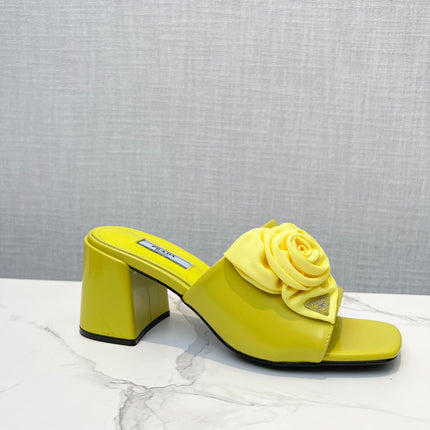 PRA FLOWER BLOCK HEELS 75 LEMON CALFSKIN