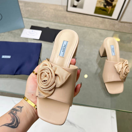 PRA FLOWER BLOCK HEELS 75 BEIGE CALFSKIN