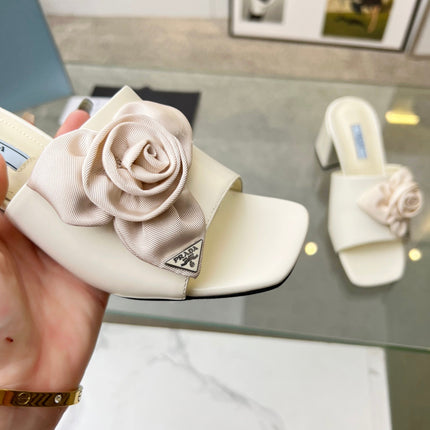 PRA FLOWER BLOCK HEELS 75 IVORY CALFSKIN