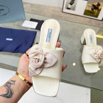 PRA FLOWER BLOCK HEELS 75 IVORY CALFSKIN