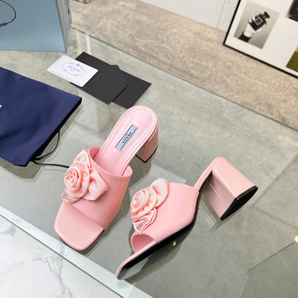 PRA FLOWER BLOCK HEELS 75 LIGHT PINK CALFSKIN