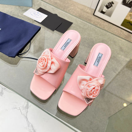 PRA FLOWER BLOCK HEELS 75 LIGHT PINK CALFSKIN