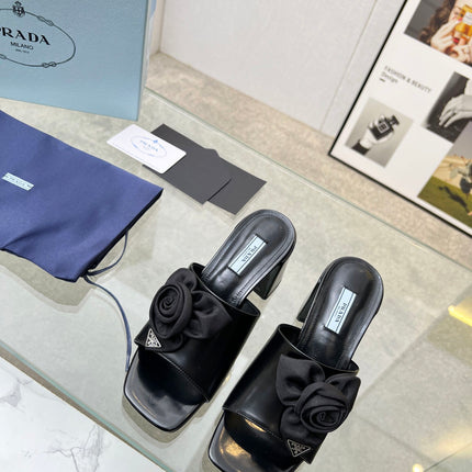 PRA FLOWER BLOCK HEELS 75 BLACK CALFSKIN