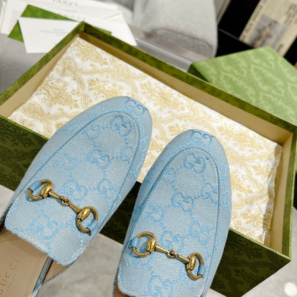 MEN'S MULE WITH HORSEBIT IN LIGHT BLUE MONOGRAM JACQUARD FABRIC