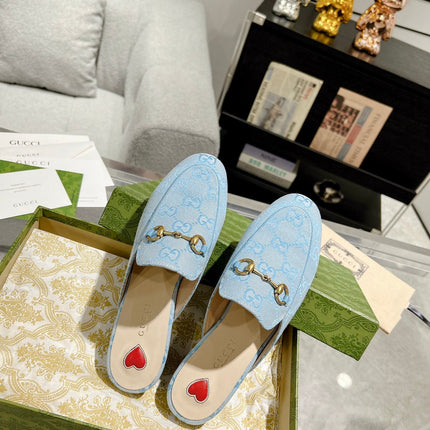 MEN'S MULE WITH HORSEBIT IN LIGHT BLUE MONOGRAM JACQUARD FABRIC