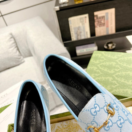 MEN'S LOAFER WITH HORSEBIT IN LIGHT BLUE MONOGRAM JACQUARD FABRIC
