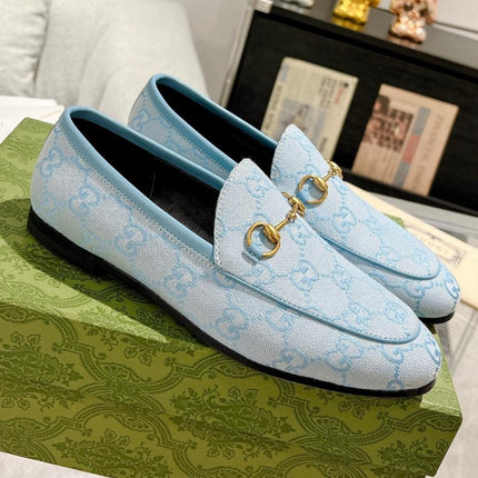 MEN'S LOAFER WITH HORSEBIT IN LIGHT BLUE MONOGRAM JACQUARD FABRIC